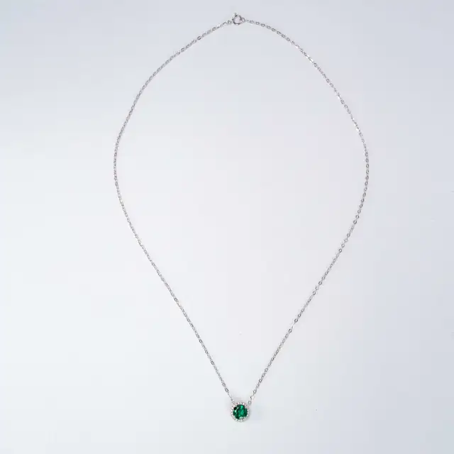 1CT Synthetic Emerald Round Brillliant Cut Pendant Necklace